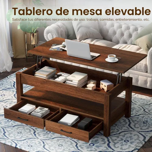 Miniatura 4 de Rolanstar - Mesa auxiliar, mesa de centro con cajones y compartimento oculto, mesa central retro con tablero de elevación de madera, para sala