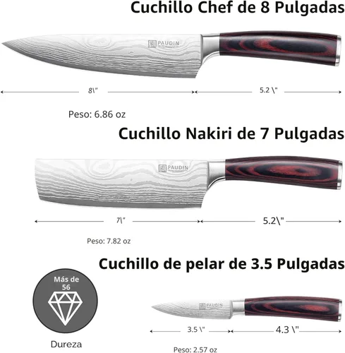 Miniatura 2 de PAUDIN Juego de cuchillos de cocina, 3 piezas de acero inoxidable de alto carbono, juego de cuchillos de chef profesionales con hoja ultra afilada