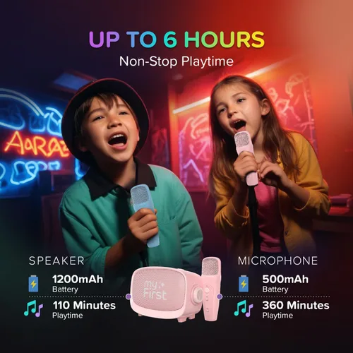 Miniatura 2 de myFirst Voice 2 - Mini máquina de karaoke para niños con micrófono inalámbrico y cambiador de voz Ai para niños, altavoz Bluetooth portátil, Rosado