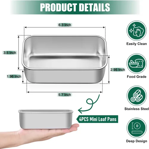 Miniatura 2 de P&P CHEF Juego de mini moldes para pan, 4 PCS moldes pequeños para pan para hornear, 6.3 x 3.5 pulgadas moldes de acero inoxidable para hornear