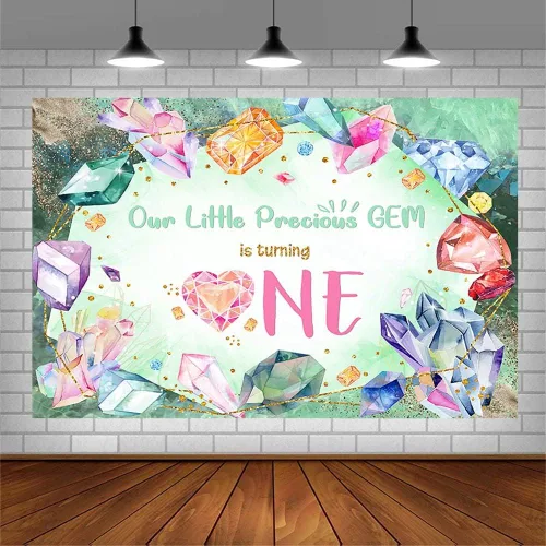 Miniatura 3 de AIBIIN Fondo de fotografía con texto en inglés «She is a Gem is a Gem», «She is a Gem», «Happy 1st Birthday» para niñas y niños, piedras preciosas
