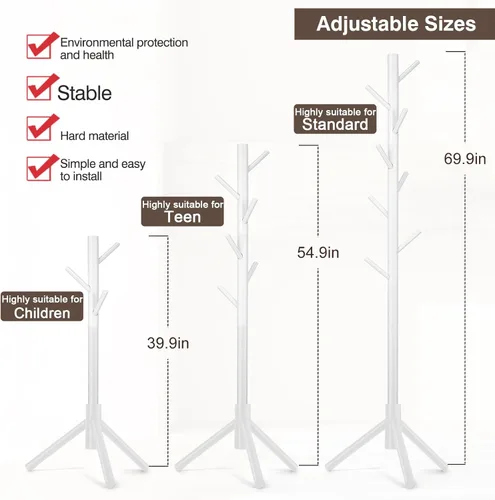 Miniatura 6 de WANGMUXIA Perchero, Perchero Independiente con 8 Ganchos y 3 Percheros de Árbol de Tamaño Ajustable para Dormitorio, Pasillo, Entrada, Oficina