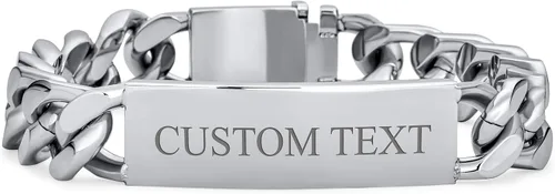 Bling Jewelry Cadena de eslabones cubanos chapada en nombre de identificación para hombre, nombre personalizado, grabado en tono plateado, acero