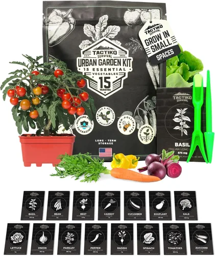 Tactiko Survival Kit de 15 variedades de semillas de vegetales para pequeños jardines urbanos, balcones y patios, sin OMG, reliquia, semillas enanas