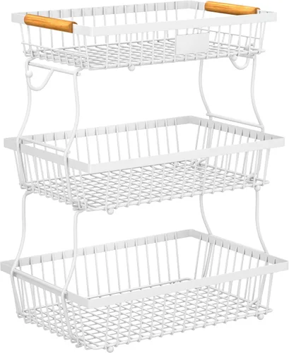 Miniatura 14 de Cesta de frutas de 2 niveles para encimera de cocina con 2 ganchos para plátanos, cesta de pan de metal para encimera con mango de madera, soporte