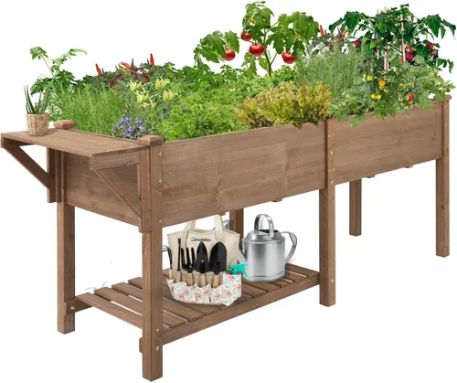 Miniatura 9 de Gowoodhut Cama de jardín elevada, maceta de jardín de hierbas al aire libre con ruedas bloqueables, estante de almacenamiento, forro protector