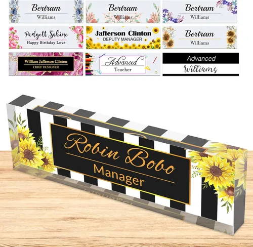 Miniatura 18 de Placa de nombre personalizada para escritorio, placas de nombre personalizadas para hombres y mujeres, diseño de girasol con logotipo de negocios