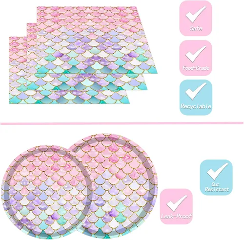 Miniatura 7 de Juego de vajilla para fiesta de sirena, 144 piezas, suministros de fiesta de cumpleaños de sirena, platos de sirena, servilletas, tazas, tenedores