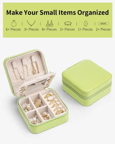 Miniatura 8 de Vlando Pequeño organizador de joyero de viaje Anillo de regalo para mujer, aretes, collares, vitrina de almacenamiento para niñas, color verde
