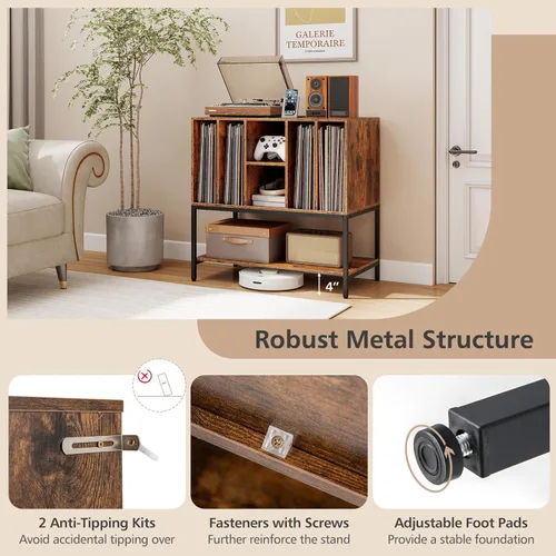 Miniatura 6 de Giantex Soporte para tocadiscos con estación de carga, soporte para tocadiscos con estantes de almacenamiento con capacidad para más de 150 álbumes