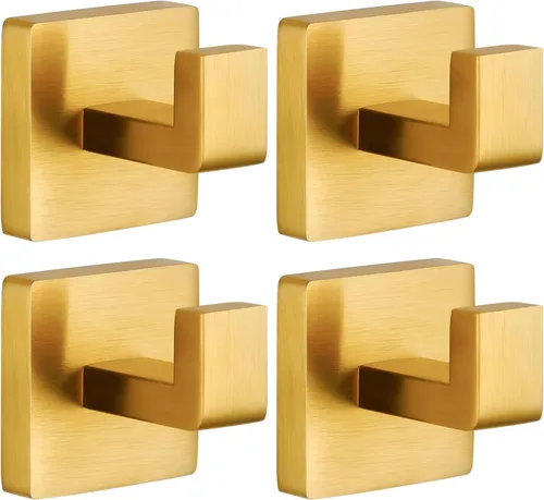 Ganchos para toallas de baño, gancho para bata, gancho para abrigos, paquete de 4 ganchos cuadrados de acero inoxidable dorado cepillado resistentes