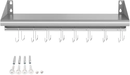 Miniatura 8 de Skyflame Estante de acero inoxidable de 12 x 24 pulgadas montado en la pared, estante de pared con 4 ganchos para cocina, baño y sala de estar