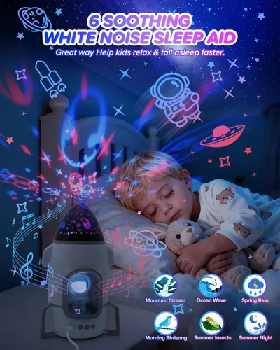 Miniatura 3 de Proyector de luz nocturna de cohete para niños y niños pequeños, juguetes sensoriales con música y películas, lámpara de luz nocturna de astronauta