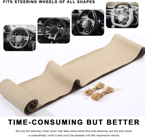 Miniatura 5 de Funda de Volante de Cuero Genuino, 15 Pulgadas, Transpirable, Funda de Volante Envolvente con Costura, Protector de Costura DIY Antideslizante