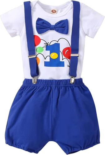 Miniatura 26 de IDOPIP Traje formal para bebé niño para el primer cumpleaños de Cake Smash con corbatín y tirantes y pantalones cortos para sesión de fotos