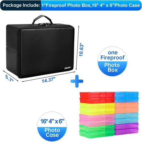 Miniatura 2 de ENGPOW Caja de almacenamiento de fotos ignífuga con 16 estuches interiores de 4 x 6 pulgadas (multicolor), organizador de fotos con cerradura