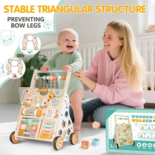 Miniatura 7 de Andador de bebé de madera con ruedas, andador de empuje con centro de actividad para bebés, juguete de caminar Montessori para niñas y niños, Natural