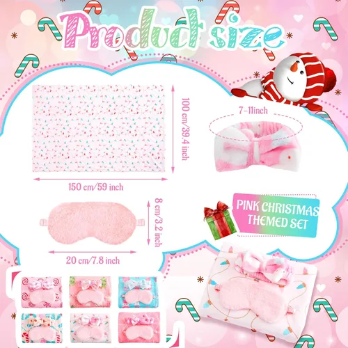 Miniatura 2 de Fanfanwin 18 piezas de suministros de fiesta de pijamas para niñas, 6 estilos lindos manta de muñeco de nieve rosa, 6 diademas de forro polar coral