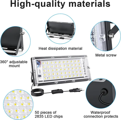 Miniatura 5 de Luz de inundación de 50 W para exteriores, paquete de 4 luces LED de 5000 lúmenes, 6500 K súper brillantes, enchufe para exteriores, luces