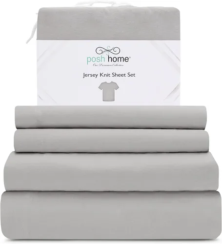 Miniatura 17 de Posh Home Juego de sábanas de punto de jersey, sábanas de 3 piezas, sábanas de jersey de algodón transpirable y suave, incluye sábana encimera
