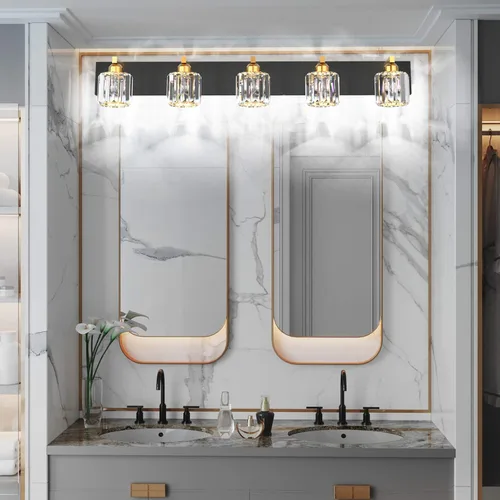 Miniatura 5 de Aipsun Lámpara de tocador de baño de cristal, accesorios de iluminación negra, 5 luces, luz de tocador de cristal para baño (excluye bombilla)