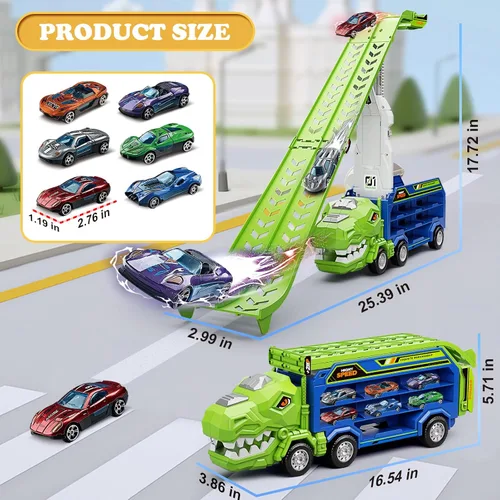 Miniatura 2 de Juguetes de camiones de dinosaurio para niños de 3, 4, 5, 6, 7, 8 años, juguetes de pista de carreras de camiones transportadores, juguete de coche