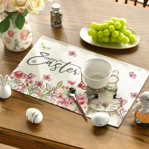 Miniatura 3 de Artoid Mode Juego de 4 manteles individuales de Pascua con diseño de conejo, diseño floral, 12 x 18 pulgadas, para decoración de fiestas, cocina