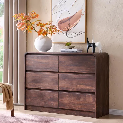 Miniatura 17 de Aitjunz Cómoda moderna de 5 cajones para dormitorio, 114 cm de altura con diseño de perfil curvo, cómoda vertical de madera estilo mediados de siglo