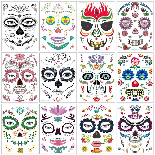 Tatuajes faciales temporales de Halloween (paquete de 8 unidades), Konsait Día de los Muertos, calavera de azúcar, floral, negro, esqueleto, red de