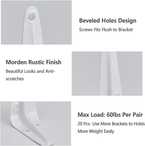Miniatura 4 de Paquete de 20 soportes de estante de 4 pulgadas en blanco, soportes de metal de acero resistentes en L para estantes, soportes en J para pared