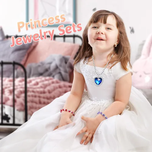 Miniatura 4 de Juego de 36 piezas de joyería de princesa para niñas de 4 a 6 años, disfraz de niños, joyería, collar, pulsera, anillos para niños pequeños, regalos