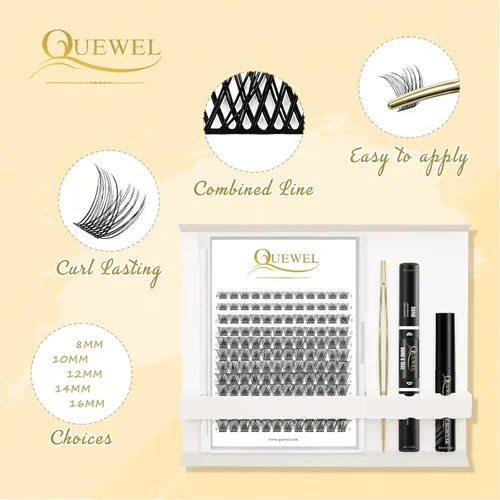 Miniatura 3 de QUEWEL Kit de Extensiones de Pestañas DIY, 144 Piezas de Racimos de Pestañas, Herramienta Aplicadora de Pestañas en Racimo, Adhesivo y Sellador
