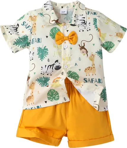 Miniatura 27 de JEELLIGULAR Conjunto de ropa de verano para bebé niño de manga corta con botones y pantalones cortos, trajes casuales para caballeros de 1 a 6 años