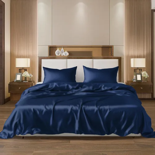 Ahmedani Linen - Juego de sábanas de satén sexy de 6 piezas, 1 funda de edredón + 1 sábana bajera + 4 fundas de almohada, color azul marino, tamaño