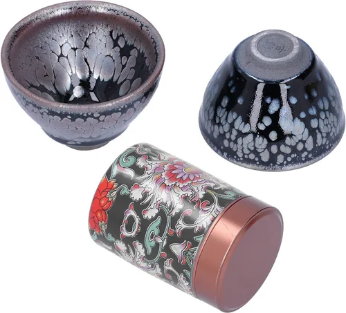 Miniatura 9 de Alvinlite Jianzhan Teacup Tenmokus Kung Fu Juego de té chino Taza de té Bote de té 2 piezas Tazón de té de cerámica con gran esmalte Artesanías Caja