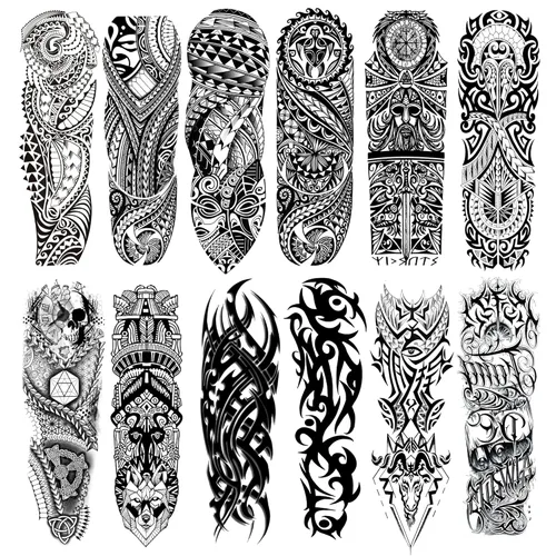 Calcomanías de tatuajes falsos de manga de tótem, tótem tribal de brazo completo, mangas temporales para adultos, niños, mujeres, maquillaje, 12