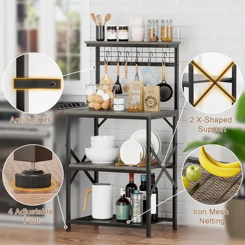 Miniatura 4 de Furologee Estante de Panadería de Cocina con Aparador, Estación de Barra de Café de 4 Niveles, Soporte para Horno Microondas con 6 Ganchos en S