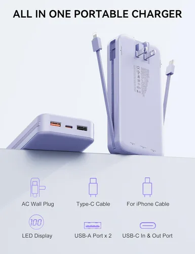 Miniatura 3 de Cargador portátil, 20000 mAh 22.5 W, cargador de energía de carga rápida con cables integrados y enchufe de pared, batería externa USB C con Púrpura