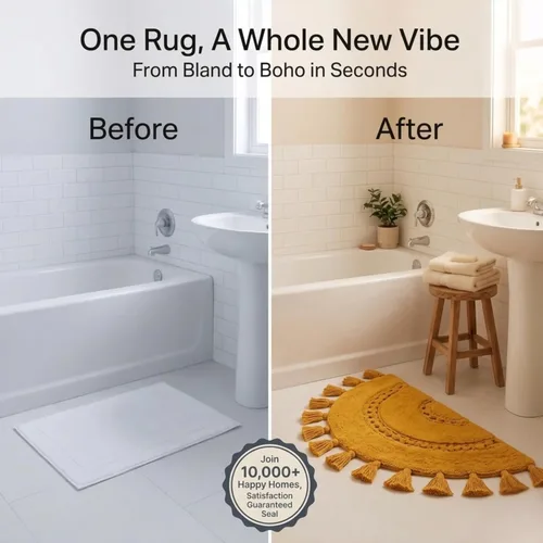 Miniatura 4 de Alfombras de baño bohemias, alfombra de algodón de medio círculo con inserto de ganchillo, borlas y parte trasera antideslizante, tapete de baño