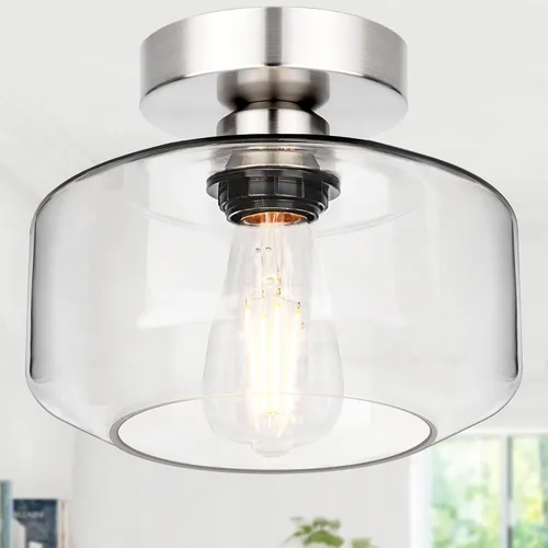 Miniatura 18 de Lámpara de techo industrial semiempotrada, bombilla LED de 800 lúmenes incluida, pantalla de vidrio texturizado, lámpara estilo granja para pasillo