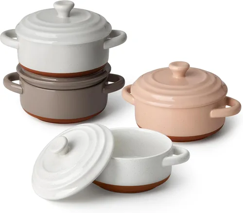 Miniatura 9 de MALACASA Mini Cocotte Set - 14 OZ (aproximadamente 396.89g) Platos pequeños de cazuela con tapas y asas, juego de 4 ollas holandesas mini de Blanco