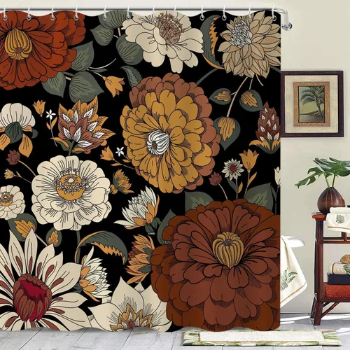 Cortina de ducha con diseño floral bohemio, abstracto, retro, botánico, de mediados de siglo, moderna, para decoración del hogar, tela impermeable