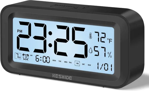Reloj despertador digital con luz nocturna, funciona con pilas, con temperatura interior y humedad, reloj pequeño de escritorio, modelo con función