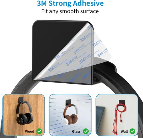 Miniatura 3 de SOKUSIN Soporte para auriculares, soporte adhesivo para auriculares para juegos, gancho universal de montaje en pared para todos los Negro