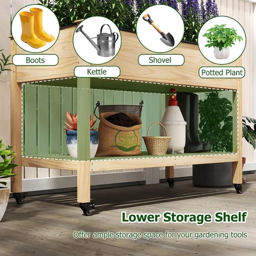 Miniatura 7 de Giantex Cama de jardín elevada móvil, maceta de madera con ruedas, estante de almacenamiento y forro, cama elevada enrollable de 47 x 23 x 33