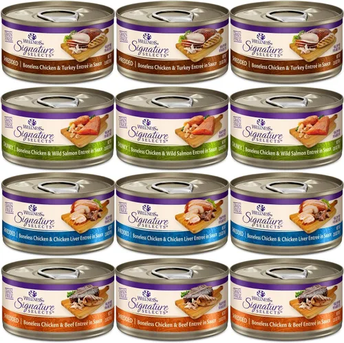 Wellness Signature - Variedad de alimentos húmedos para gatos, sin granos, paquete de 4 sabores (12 latas) con tapa: pollo, hígado, salmón y pavo