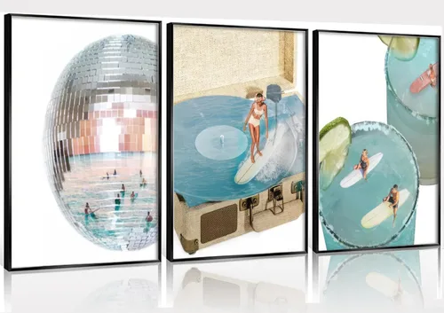 3 piezas de lienzo azul de moda preppy arte de pared retro de bola de discoteca estética bar carro póster impreso ilustraciones azul costero niña