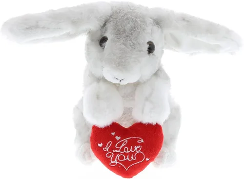 DolliBu I Love You - Conejo gris de peluche de San Valentín, lindo animal de peluche suave con corazón rojo, regalo para el día de San Valentín,