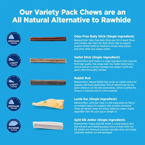 Miniatura 6 de Barkworthies Paquete variado de cachorros – 5 unidades (paquete de 1) – Rico en proteínas, totalmente natural, fácilmente digerible, alternativa