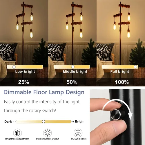 Miniatura 2 de Lámpara de pie industrial regulable, lámpara de pie de árbol de granja, lámpara de pie de madera de 68 pulgadas, 3 luces, base resistente, luz